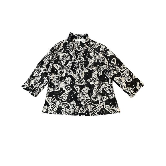 Cathy Daniels Black White Butterfly Blouse – Size L – Textured Button-Up Shirt - Picture 1 of 9